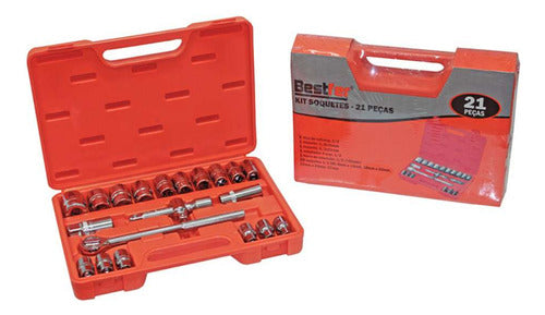 Jogo Soquete Sextavado 21 Pçs 1/2 Pol 8 A 27mm Cromo Vanádio Prateado
