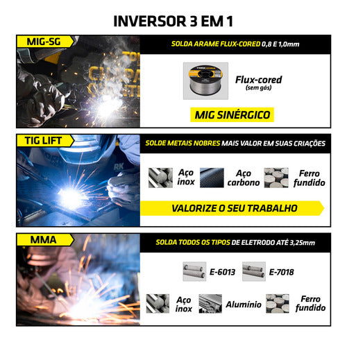 maquina solda mig 140a s/gás 3em1 tig eletrodo mascara bivol - amarelo/preto - 127/220v