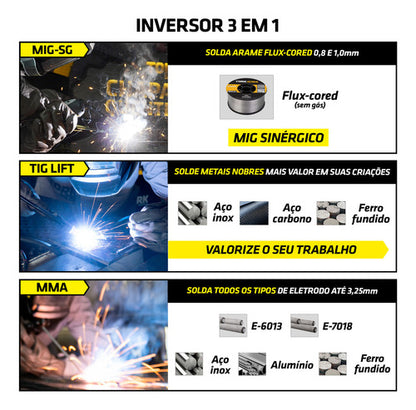 Maquina Solda Mig 140a S/gás 3em1 Tig Eletrodo Mascara Bivol - Amarelo/Preto - 127/220V