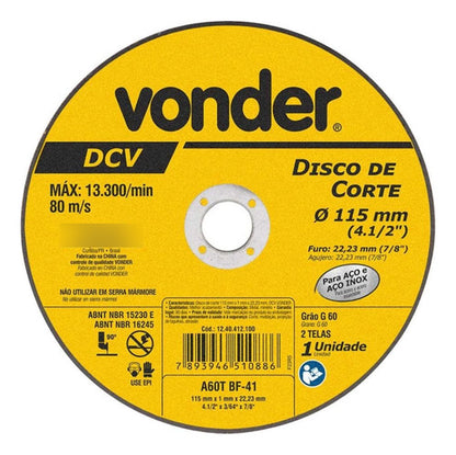 Disco De Corte Fino Vonder Dcv 115mm 4.1/2 Pol 25 Unds Amarelo
