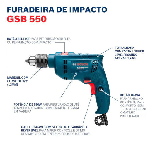furadeira de impacto bosch gsb 550re 550w c/ 3 brocas azul-turquesa
