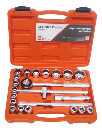 jogo soquete estriado 22pçs cromo vanádio 1/2 robust gedore laranja