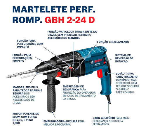 martelete rompedor perfurador bosch gbh 2-24 820w 220v