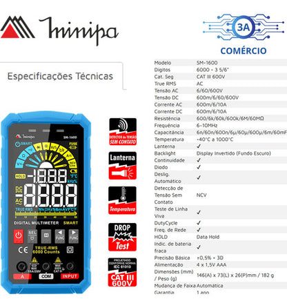 Multímetro Digital Smart Sm-1600 Minipa Temperatura Ncv 600v