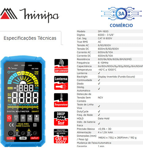 Multímetro Digital Smart Sm-1600 Minipa Temperatura Ncv 600v