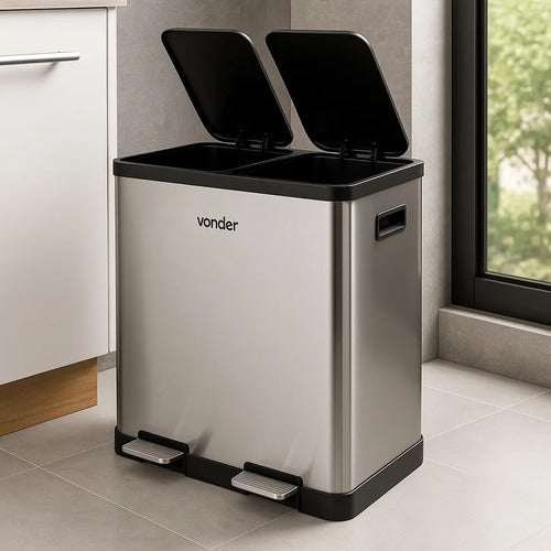 lixeira inox dupla vonder 30l com pedal e tampa soft-close
