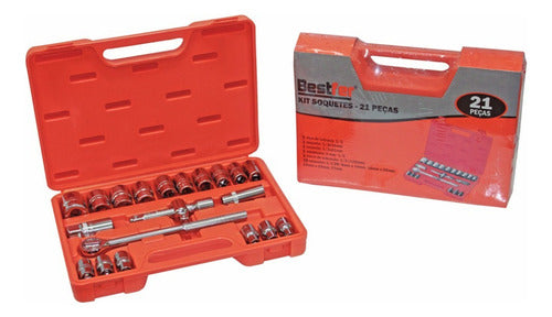 Jogo Soquete Sextavado 21 Pçs 1/2 Pol 8 A 27mm Cromo Vanádio Prateado