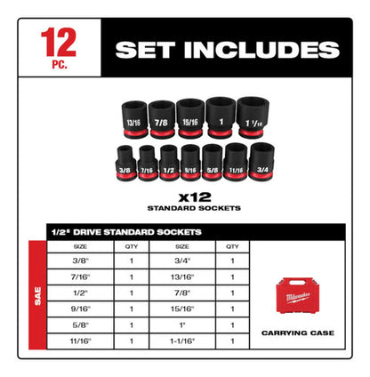 Jogo Soquete Impacto Encaixe 1/2  Curto 12 Peças Milwaukee