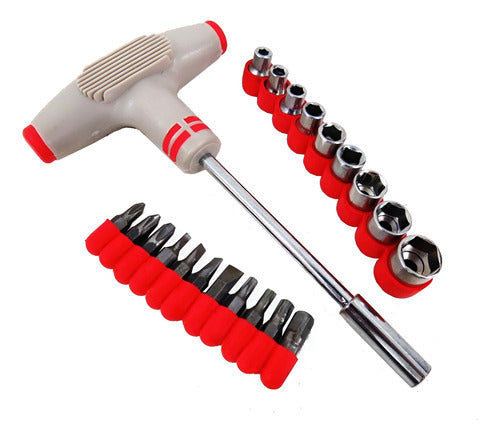 Jogo De Chaves Tipo T Com Soquetes E Bits 21 Peças Cinza