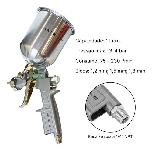 Pistola Pintura Com 3 Bicos Copo 1l Alumínio Stels 5731555 Prateado