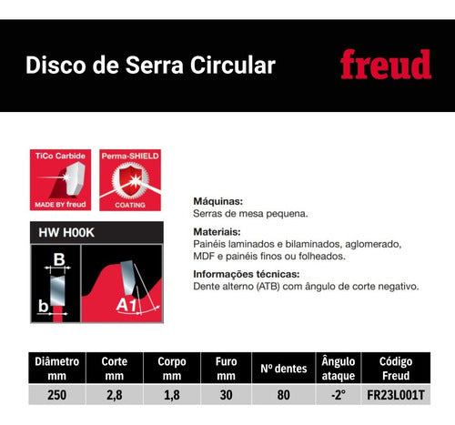 disco de serra circular 250mmx2,8mmx80 dentes f30 freud mdf
