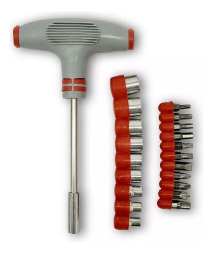 jogo de chaves tipo t com soquetes e bits 21 peças cinza