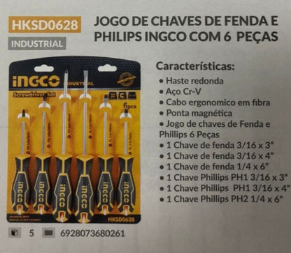 Jogo De Chave Philips E Fenda Ferramentas Industriais 6 Pçs