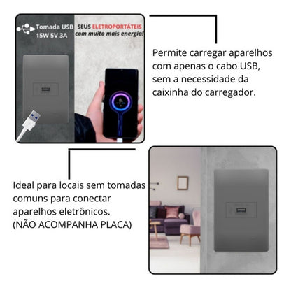Módulo Tomada Usb 3a Bivolt Habitat Onix Chumbo Cinza Fame