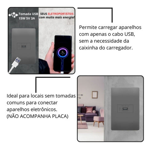 Módulo Tomada Usb 3a Bivolt Habitat Onix Chumbo Cinza Fame